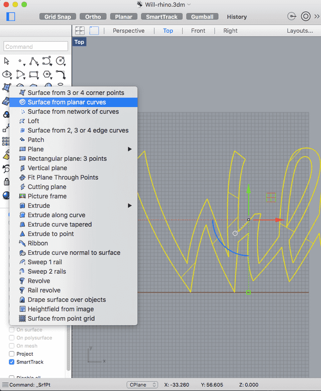 Example of using Rhino 5 to transform vectors into surfaces