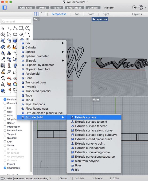 Example of using Rhino 5 to extrude surfaces