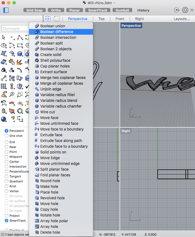 Example of using Rhino 5 to preform a boolean diff